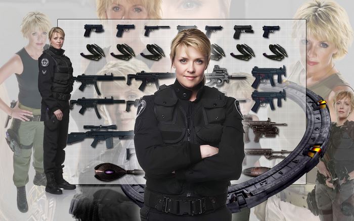 Amanda Tapping with weapons