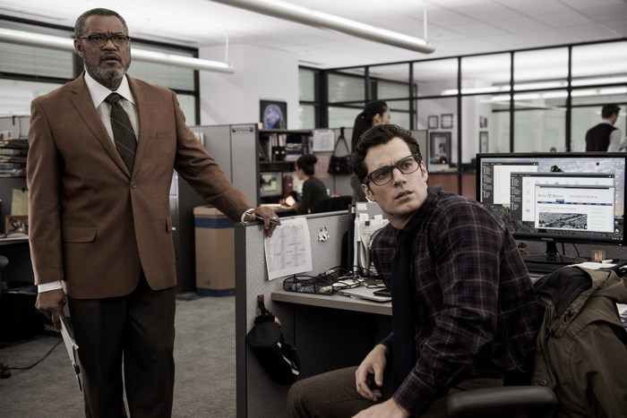 Laurence Fishburne and Henry Cavill in an office