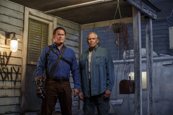 Bruce Campbell and Lee Majors on a Porch