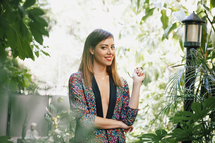 Aubrey Plaza in a sequined jacket