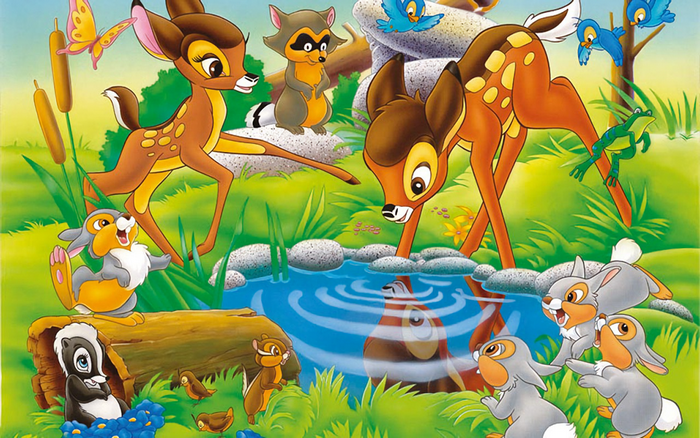 Bambi and friends in a forest clearing