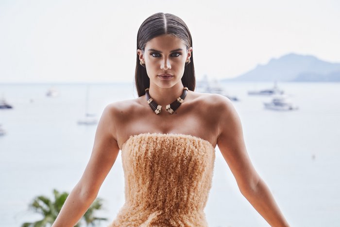 Sara Sampaio wearing a strapless dress and jewelry