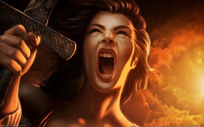 Woman screaming and holding a sword