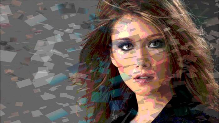 Jewel Staite portrait with abstract overlay
