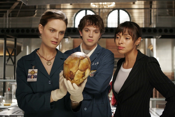 Dr. Brennan, Zack Addy, and Angela Montenegro examine a skull
