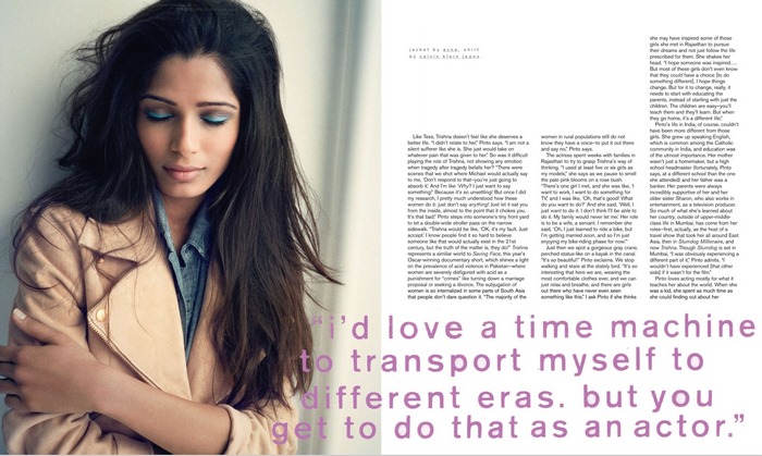 Freida Pinto in a tan jacket