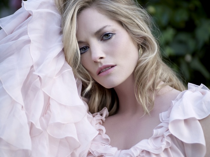 Sienna Guillory in a pink ruffled dress