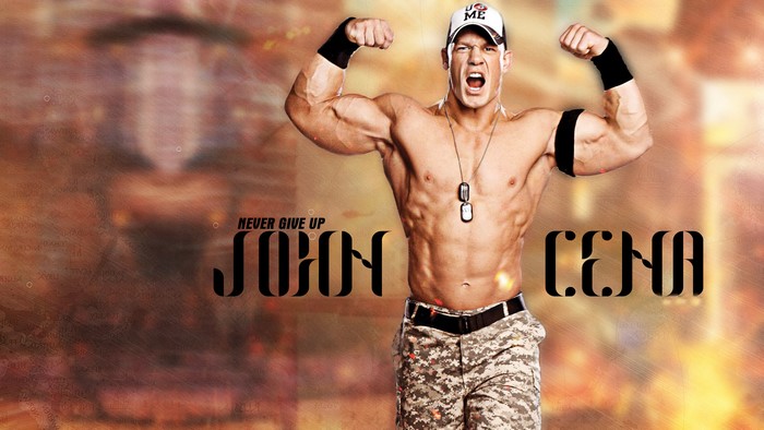 John Cena flexing with text overlay