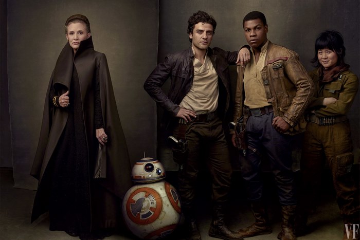 Carrie Fisher, Oscar Isaac, John Boyega, and Daisy Ridley from Star Wars