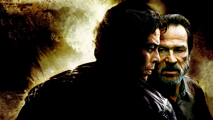 Tommy Lee Jones in a dark, textured image