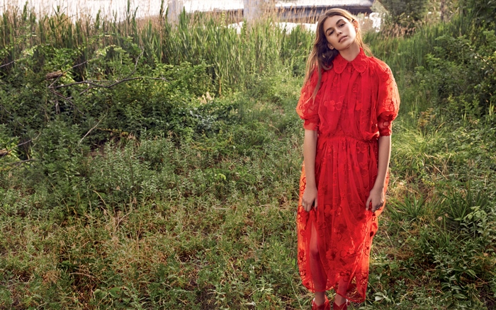 Kaia Gerber in red dress outdoors