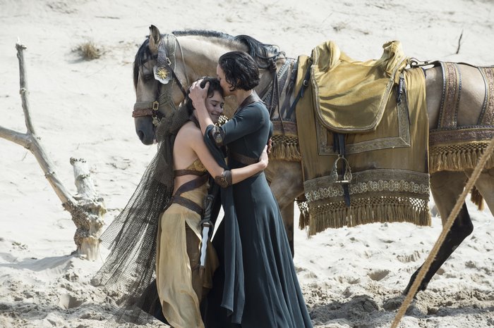 Indira Varma and another woman with a horse