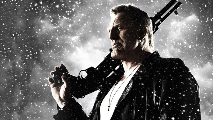 Marv from Sin City holding a rifle in snow