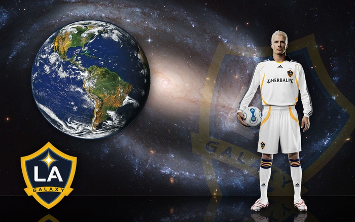 David Beckham in LA Galaxy uniform with Earth and galaxy background