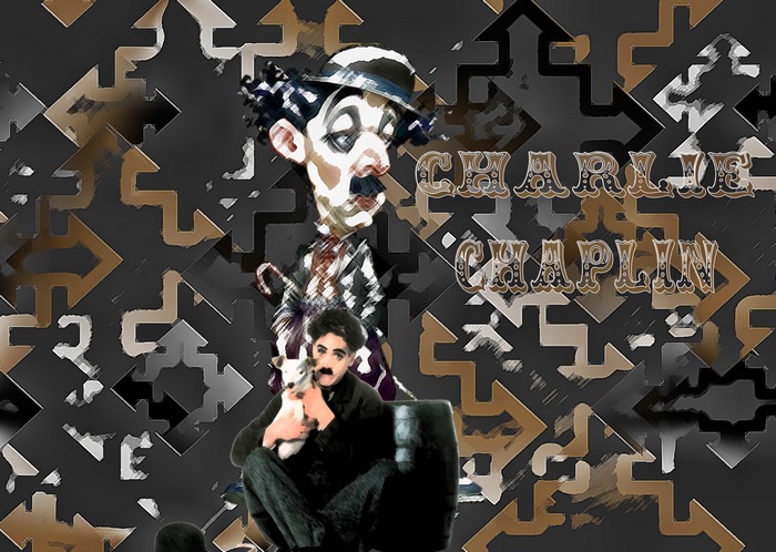 Charlie Chaplin with dog and text
