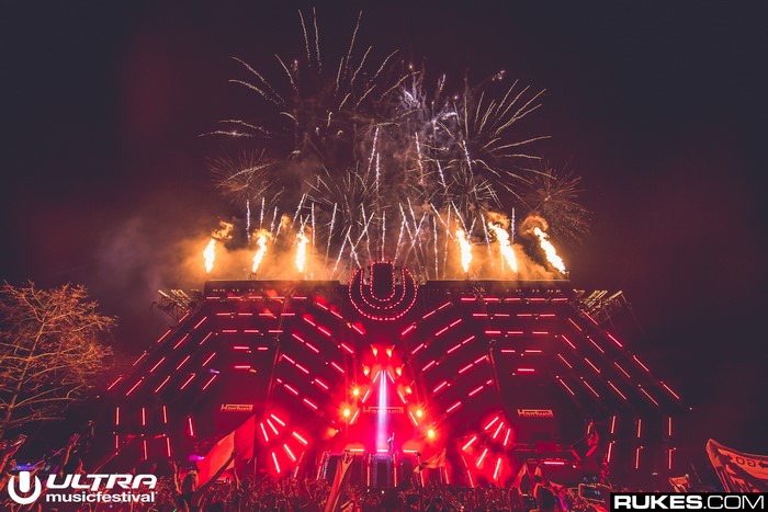 Ultra Music Festival Stage with Fireworks and Flames