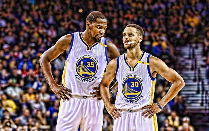 Kevin Durant and Stephen Curry of the Golden State Warriors