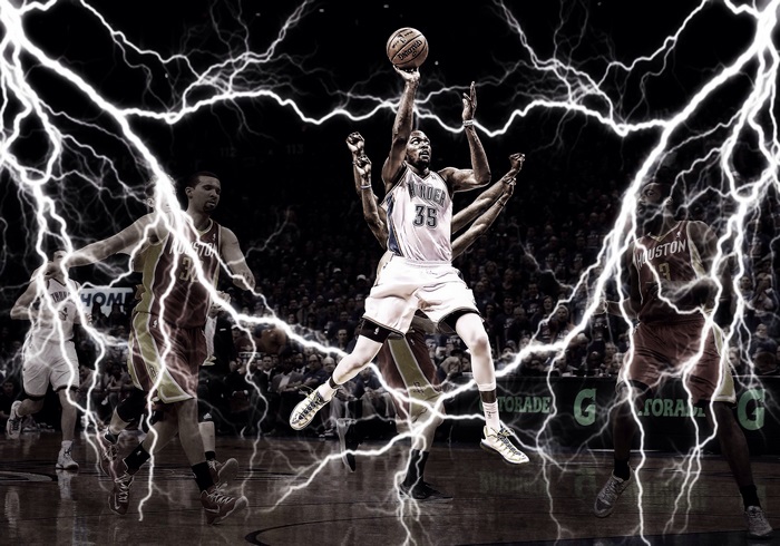 Kevin Durant from Thunder playing basketball with lightning effects