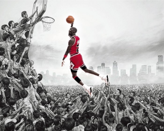 Michael Jordan Dunking Over Crowd