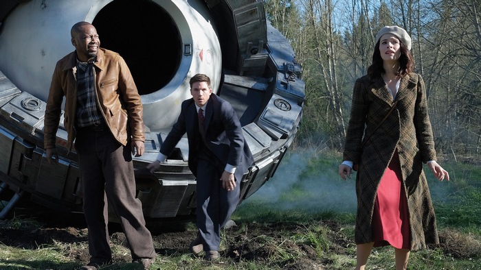 Timeless: Lucy, Wyatt, and Rufus with a crashed time machine
