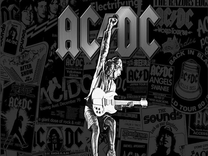 AC/DC Angus Young with concert posters
