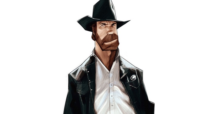 Chuck Norris in a black hat and jacket