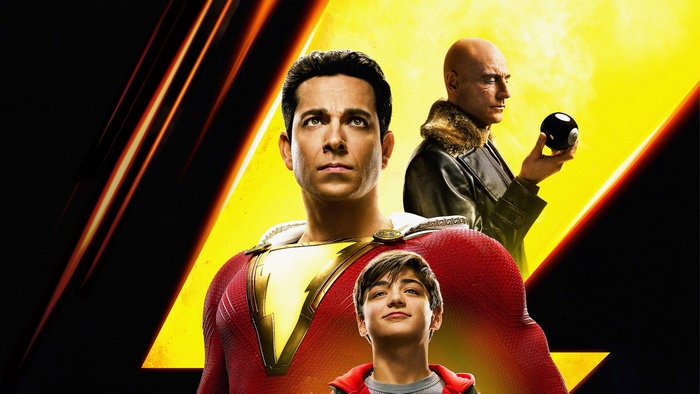 Shazam! movie poster with Zachary Levi, Asher Angel, Mark Strong
