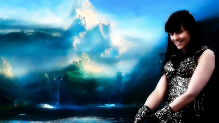 Lucy Lawless in fantasy landscape