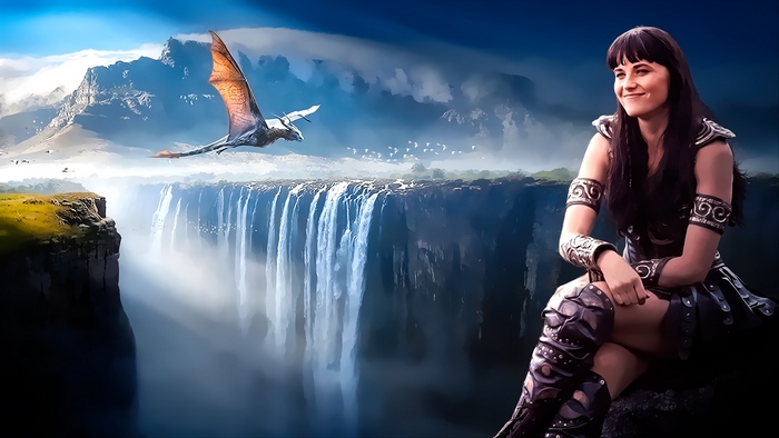 Lucy Lawless as Xena near a waterfall