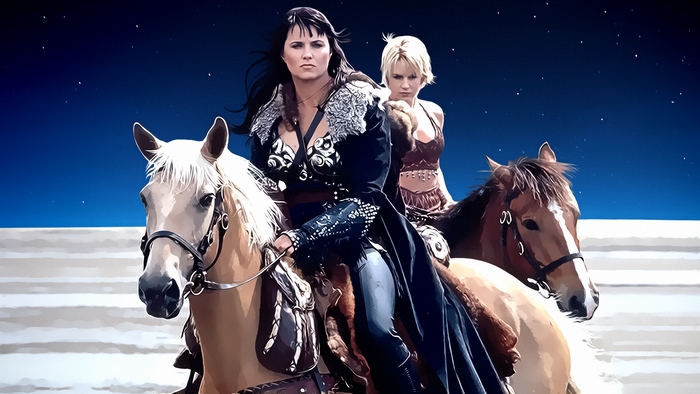 Xena and Gabrielle on horseback