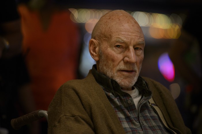 Patrick Stewart in a wheelchair