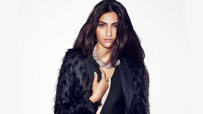 Sonam Kapoor in a black jacket and necklace