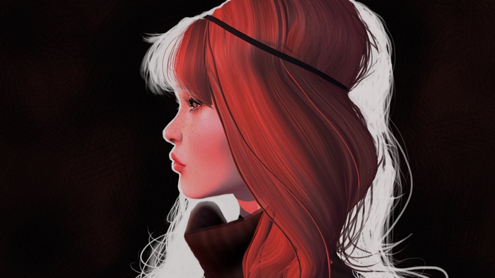 Woman with red and white hair in profile