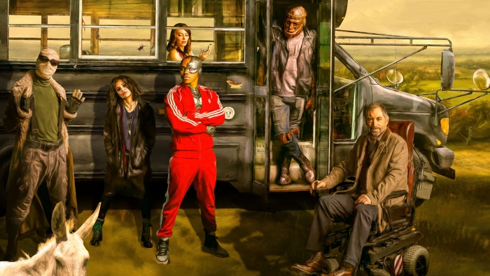 Doom Patrol characters with a bus and a donkey