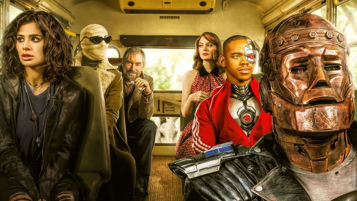 Doom Patrol characters on a bus