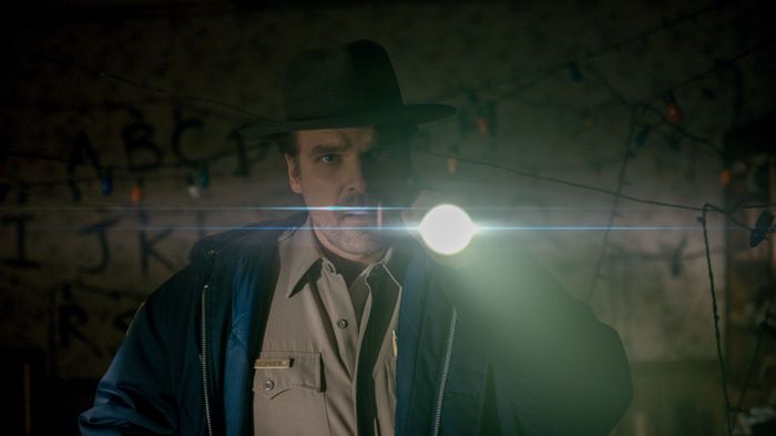 Chief Hopper from Stranger Things holding a flashlight