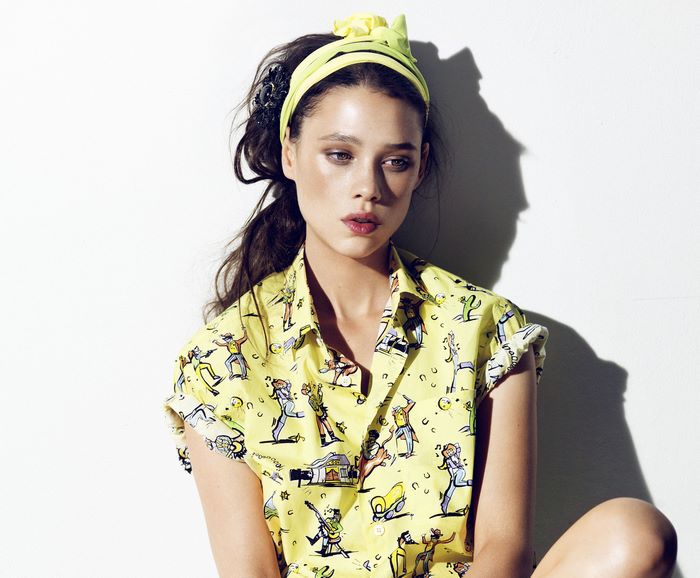 Astrid Bergès-Frisbey in yellow cartoon print shirt