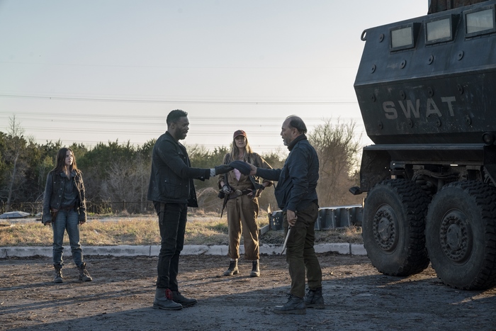 Colman Domingo and others by SWAT vehicle