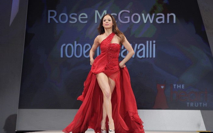 Rose McGowan in a red dress by Roberto Cavalli