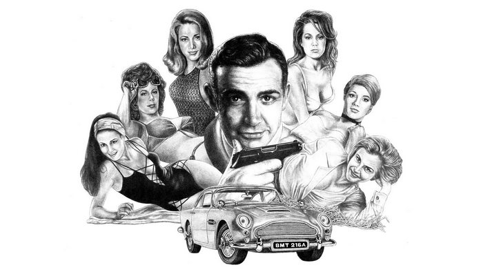 Sean Connery with women and Aston Martin DB5