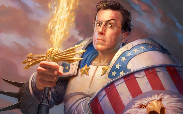 Stephen Colbert as a patriotic knight holding a flaming sword