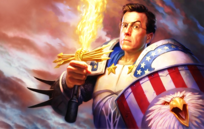 Stephen Colbert as a Warrior with Flaming Sword and Shield