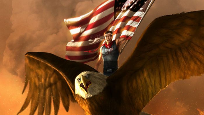Stephen Colbert riding an eagle with American flag