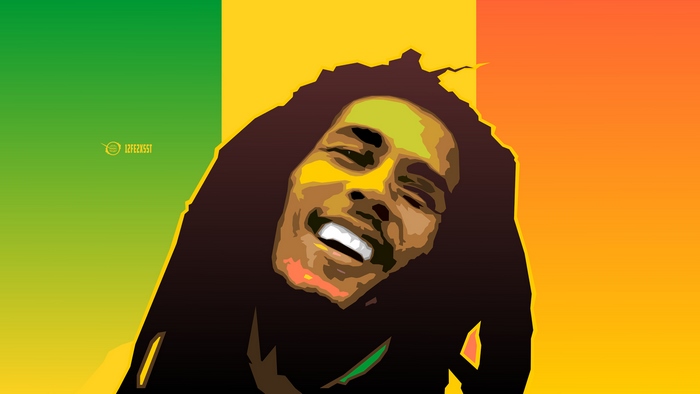 Bob Marley portrait with Jamaican flag background
