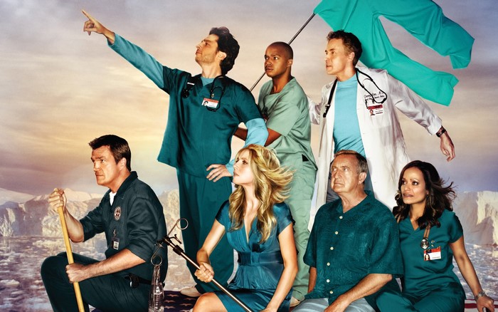 Scrubs cast on a raft