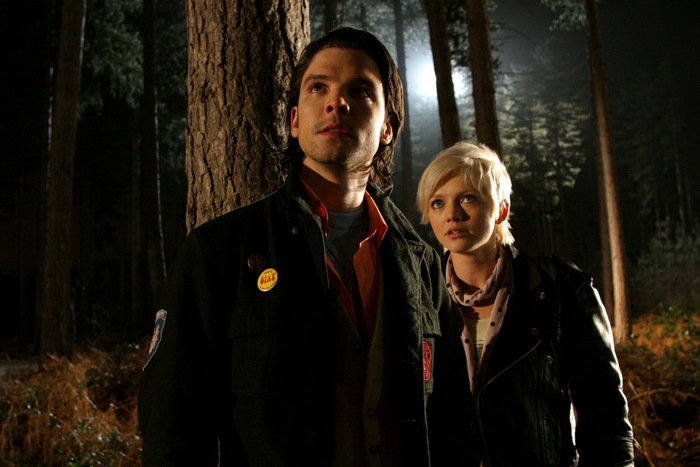 Hannah Spearritt in a forest at night