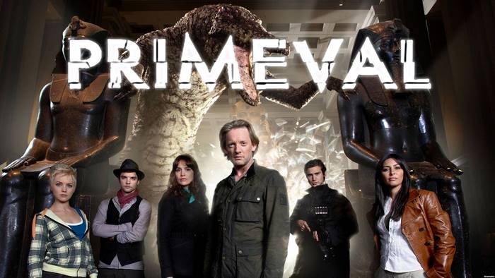 Primeval TV Series Cast with Dinosaur and Egyptian Statues