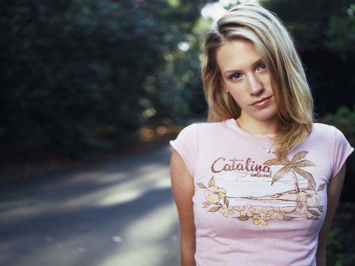 January Jones wearing a pink Catalina Island t-shirt