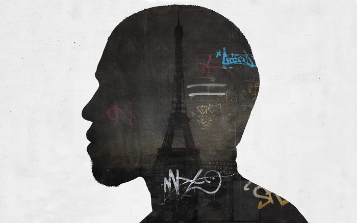 Kanye West silhouette with Eiffel Tower and graffiti