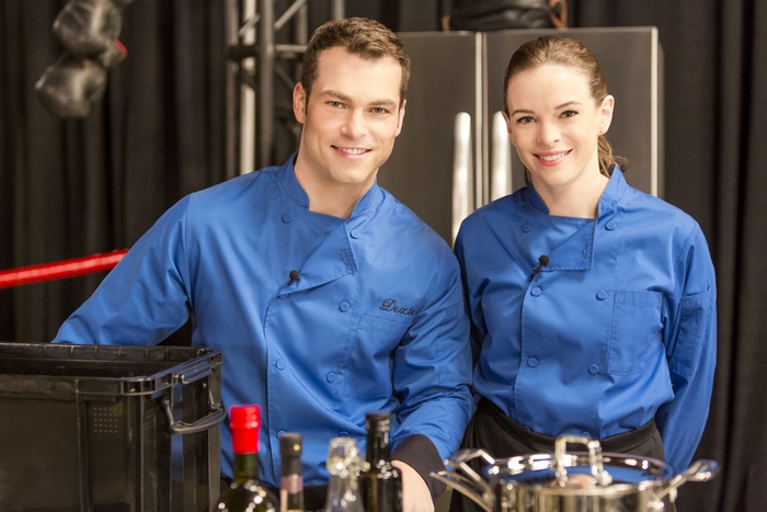 Danielle Panabaker and male chef in kitchen